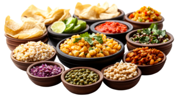 Assortment of bowls with dips and snacks, cut out transparent png