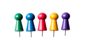 Assorted thumb tacks in a row in studio on black background, cut out transparent png