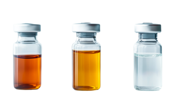 Three vials with different liquids isolated , cut out transparent png