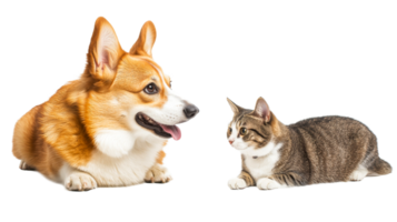 Corgi and cat resting, looking at each other, cut out transparent png