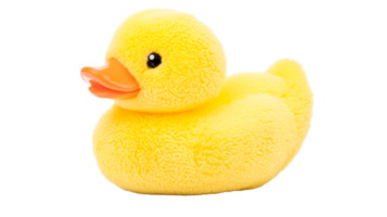 Plush yellow duck with orange beak toy, cut out transparent png