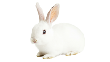 White rabbit with long ears sits, looks to the side, cut out transparent png