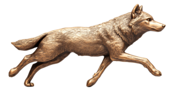 Bronze wolf sculpture running, detailed statue isolated, cut out transparent png