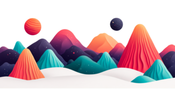 Surreal planet landscape with colorful mountains and planets, cut out transparent png
