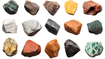 Various types of rocks on a transparent background for study png