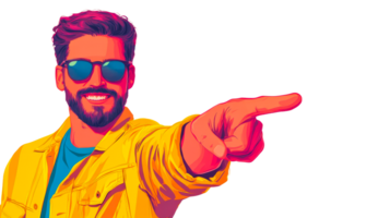 Brightly dressed man points excitedly on clear backdrop png