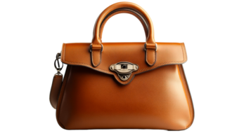 Brown leather handbag with handle and latch, cut out transparent png