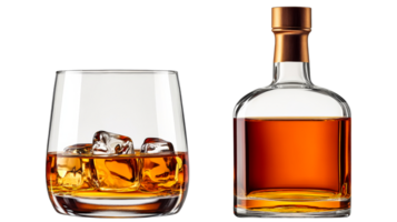 Whiskey in glass and bottle with copper top, dark backdrop, cut out transparent png