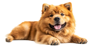 Smiling Chow Chow dog with thick reddish fur lying down, cut out transparent png