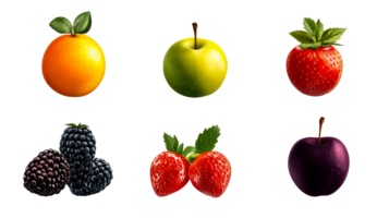 Assorted fruits in digital illustration on black background, cut out transparent png