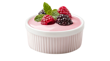 Pink pudding in ramekin with blackberries and raspberries, cut out transparent png
