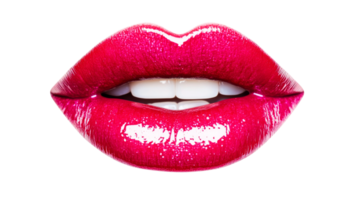 Glossy Red Lips with White Teeth on Black Background, cut out transparent png