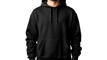 Man in a black hoodie with hood and pocket, front view, cut out transparent png
