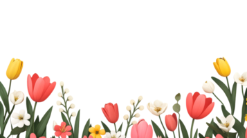 Assorted colorful spring flowers bloom from the bottom edge, cut out transparent png