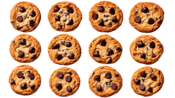 Assorted chocolate chip cookies isolated on background, cut out transparent png