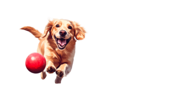 Golden retriever chasing red ball, happy dog running joyfully, cut out transparent png