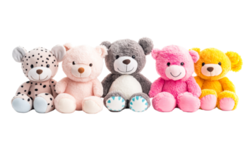 Line of colorful stuffed animals, five plush toys, assorted colors, cut out transparent png