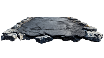 Cracked Asphalt Road Section with Rocks, Terrain Feature, cut out transparent png