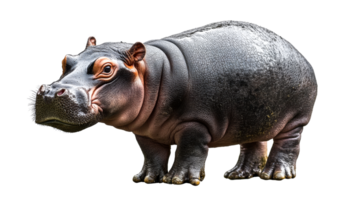 Hippopotamus in closeup standing, side view, on black, cut out transparent png