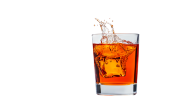 Splashing Whiskey in Glass with Ice Cubes on Black, cut out transparent png