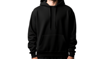 Man in stylish black hoodie with drawstrings, isolated, cut out transparent png