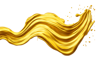 Golden flowing liquid with drops, dynamic wave effect, smooth texture, cut out transparent png