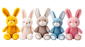 Plush bunnies in row, stuffed, colorful, toy, adorable, cut out transparent png