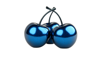 Metallic blue cherries with stems isolated on a black background, cut out transparent png