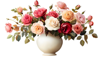 Roses arrangement in a vase, beautiful petals bouquet, cut out transparent png