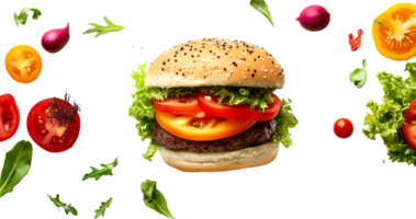 Burger with tomato and lettuce on black background, cut out transparent png