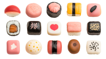 Assorted decorative sushi, creative design, unique shapes, isolated, cut out transparent png
