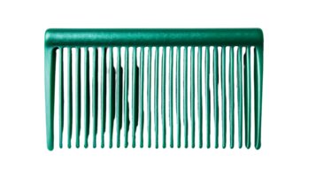 Close-up of a green comb for hair styling on black background, cut out transparent png