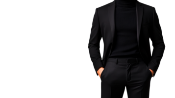 Man in black suit with turtleneck, hands in pockets, cut out transparent png