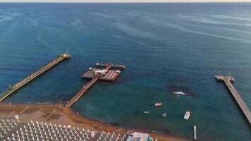 Drone View of Beachside Restaurant with Tables and Palm Trees video