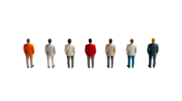 Group of men from the back in suits of different colors, cut out transparent png
