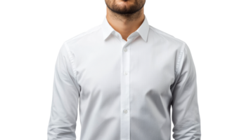 Man's torso in white shirt with beard, cut out transparent png