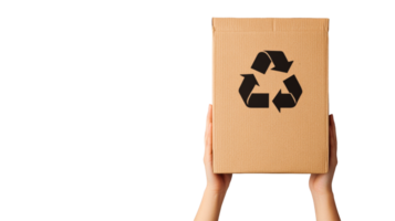 Hands holding cardboard box with recycle symbol, cut out transparent png