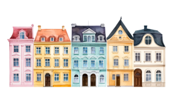 Row of colorful European houses with different architecture, cut out transparent png