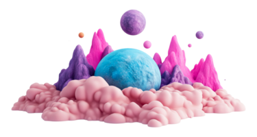 Dreamy landscape with planet and mountains, fantastical concept, cut out transparent png