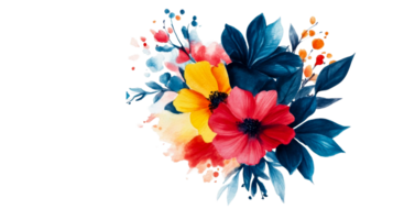 Floral bouquet illustration with red, yellow, and blue flowers, cut out transparent png