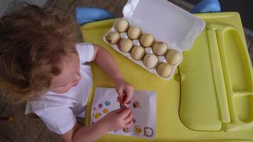 young child is sitting at a table with a tray of eggs and a piece of paper video