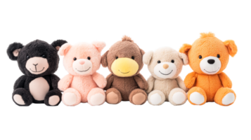 Assorted plush teddy bears in a row, cute and cuddly, cut out transparent png