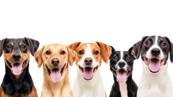 Group of five smiling dogs with tongues out, happy, cut out transparent png
