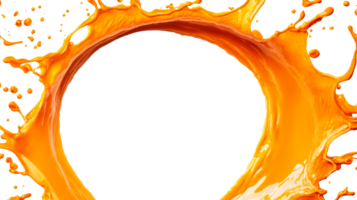 Splashing orange paint forms circle frame, dynamic fluid motion, cut out transparent png