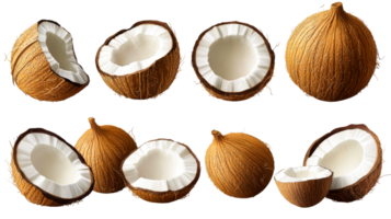 Coconuts, halves and whole, isolated on a black background, cut out transparent png