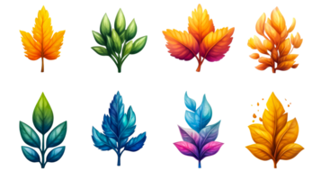 Fantasy leaves set in various colors and shapes, cut out transparent png