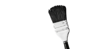 Black and white image of a well-used paint brush, cut out transparent png