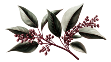 Branch of berries and leaves in botanical illustration style, cut out transparent png