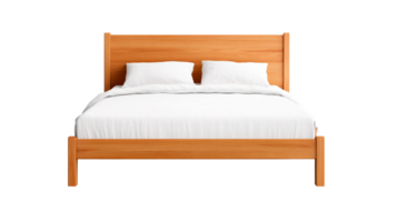 Wooden bed with white linens and pillows, cut out png