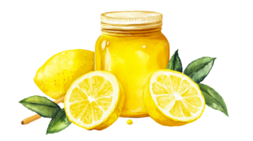 Lemon jam jar with sliced and whole lemons, cut out transparent png
